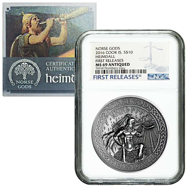 2016 2 oz Cook Islands Silver Norse Gods Heimdall Ultra High Relief NGC MS 69 Antiqued First Releases w/COA