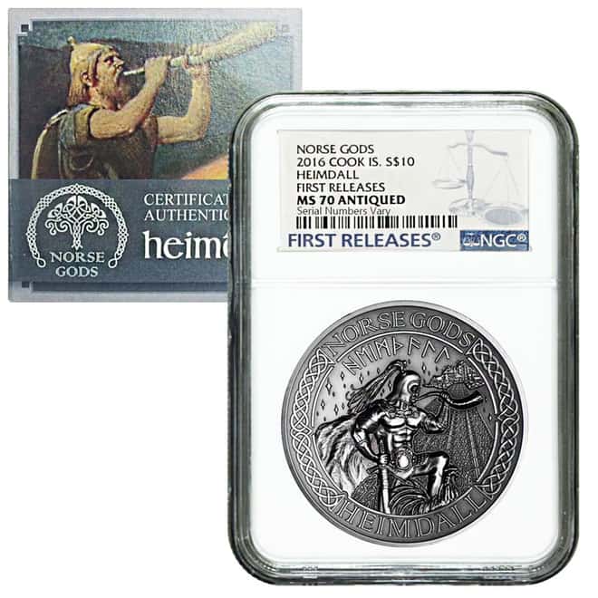 2016 2 oz Cook Islands Silver Norse Gods Heimdall Ultra High Relief NGC MS 70 Antiqued First Releases w/COA