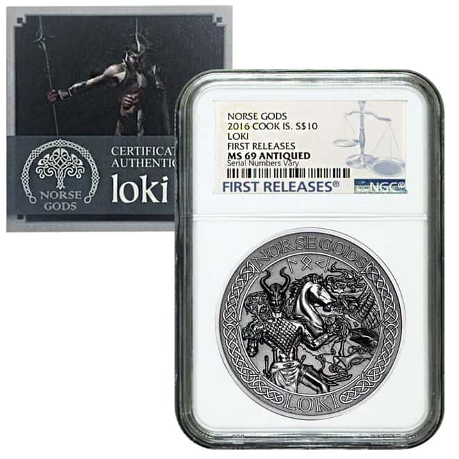 2016 2 oz Cook Islands Silver Norse Gods Loki Ultra High Relief NGC MS 69 Antiqued First Releases w/COA