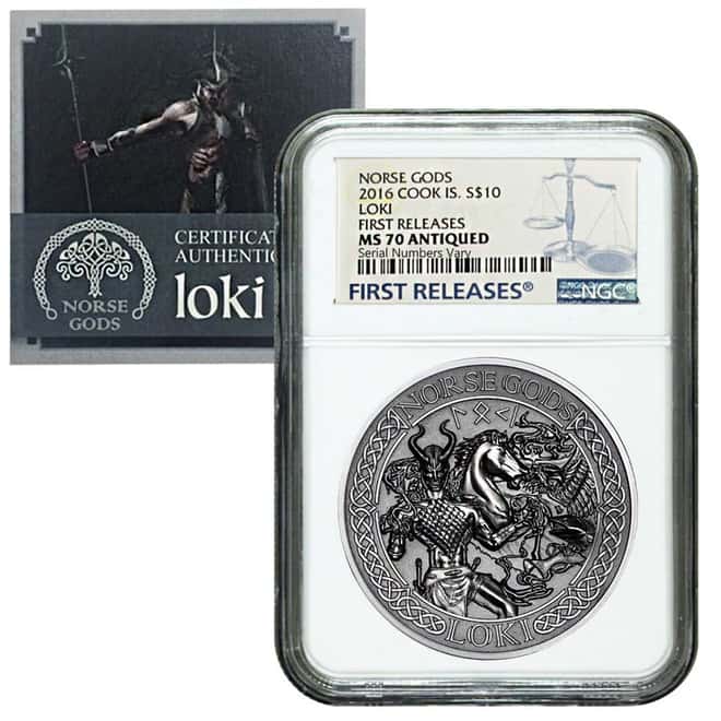 2016 2 oz Cook Islands Silver Norse Gods Loki Ultra High Relief NGC MS 70 Antiqued First Releases w/COA
