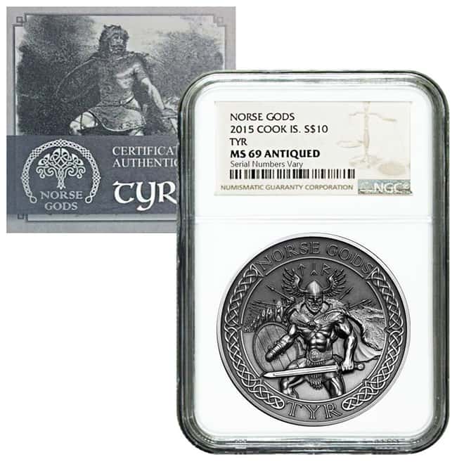 2015 2 oz Cook Islands Silver Norse Gods Tyr Ultra High Relief NGC MS 69 Antiqued w/COA