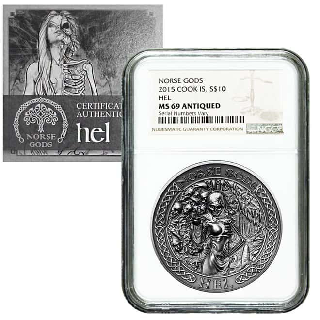 2015 2 oz Cook Islands Silver Norse Gods Hel Ultra High Relief NGC MS 69 Antiqued w/COA