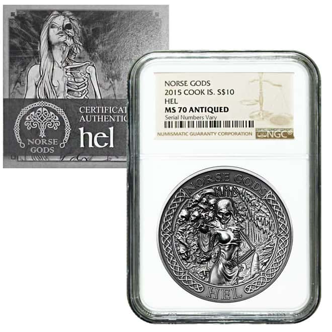 2015 2 oz Cook Islands Silver Norse Gods Hel Ultra High Relief NGC MS 70 Antiqued w/COA