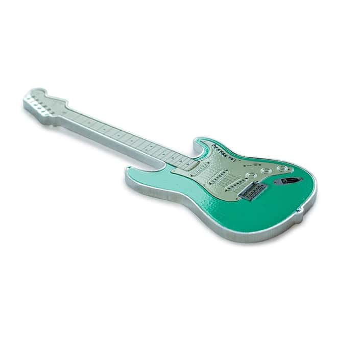 2022 1 oz Silver Fender Stratocaster Surf Green Guitar Shaped Coin Solomon Islands .9999 Fine (w/Box)