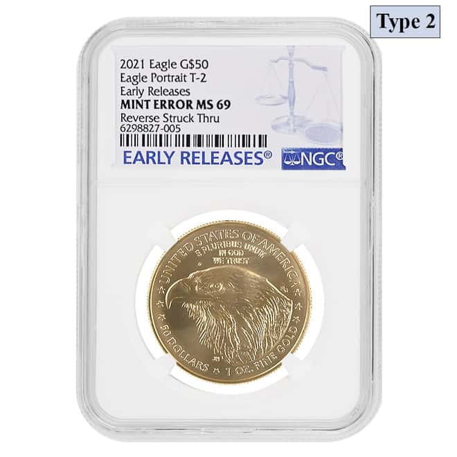 2021 1 oz Gold American Eagle Type 2 NGC MS 69 ER Mint Error (Rev Struck Thru)