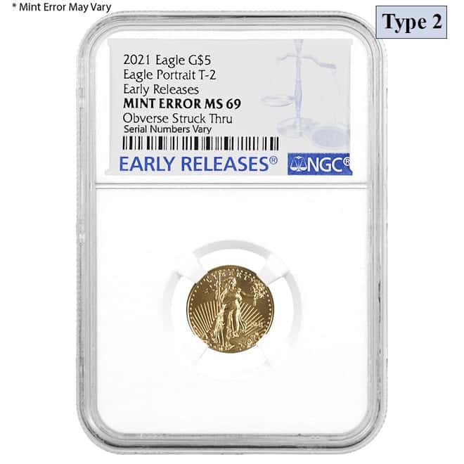 2021 1/10 oz Gold American Eagle Type 2 NGC MS 69 ER Mint Error (Obv Struck Thru)