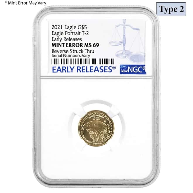 2021 1/10 oz Gold American Eagle Type 2 NGC MS 69 ER Mint Error (Rev Struck Thru)