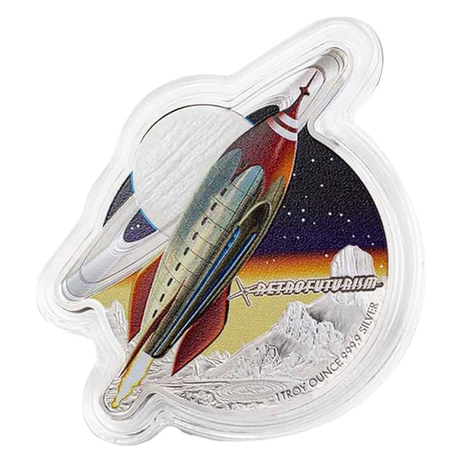 2021 Solomon Islands 1 oz Retrofuturism Rocket Shaped Silver Coin .9999 Fine (w/Box & COA)