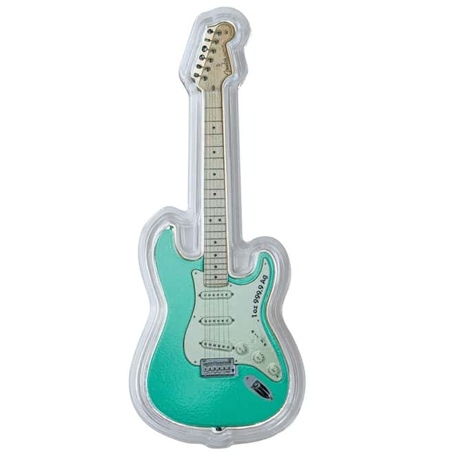 2022 1 oz Silver Fender Stratocaster Surf Green Guitar Shaped Coin Solomon Islands .9999 Fine (w/Box)