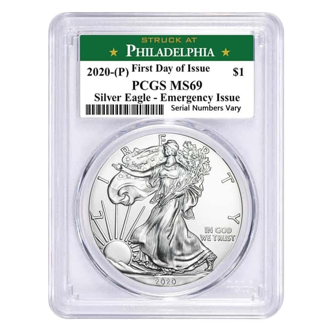 2020 (P) 1 oz Silver American Eagle PCGS MS 69 FDOI (Philadelphia) Emergency Issue