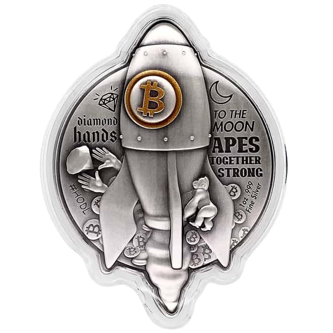2022 Chad 1 oz Silver Bitcoin Rocket Shaped Antiqued High Relief Coin .999 Fine (w/Box)