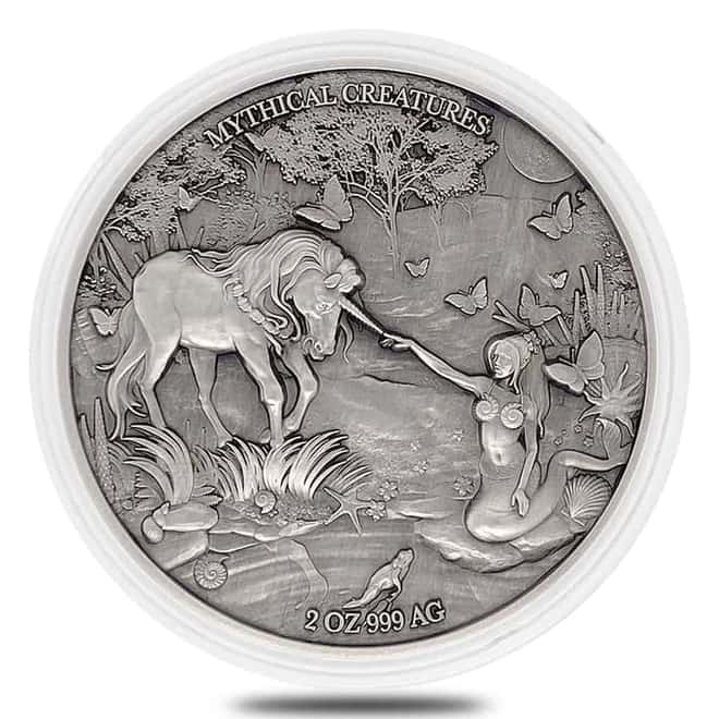 2021 Chad 2 oz Silver Mermaid & Unicorn - Mythical Creatures Series Antiqued High Relief Coin (In Cap, Sealed)