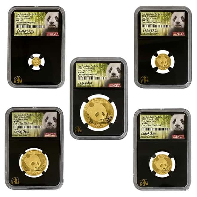 2018 1.83 oz Chinese Gold Panda 5-Coin Set NGC MS 70 FDOI (Retro, Cheng Chao Sign)