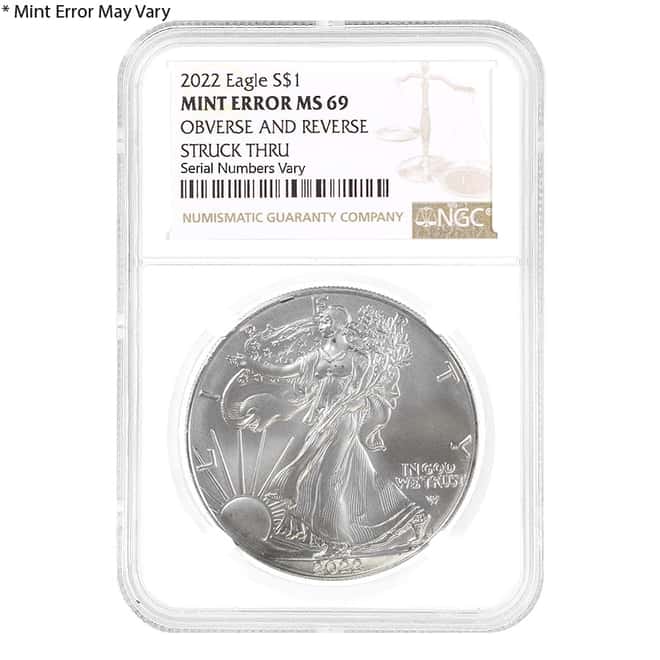 2022 1 oz Silver American Eagle NGC MS 69 Mint Error (Obv and Rev Struck Thru)