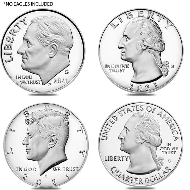 NO EAGLES - 2021 S 0.876 oz US Mint Limited Edition Proof Silver 4-Coin Set .999 Fine (w/Box & COA)