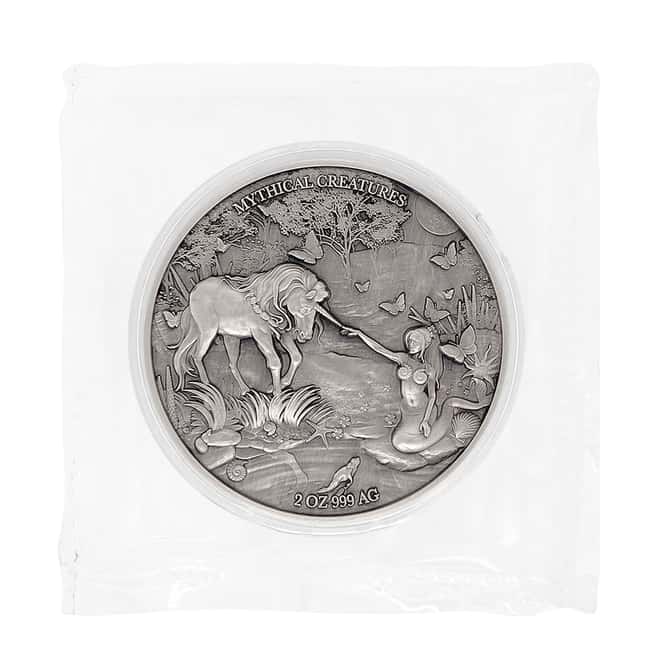 2021 Chad 2 oz Silver Mermaid & Unicorn - Mythical Creatures Series Antiqued High Relief Coin (In Cap, Sealed)