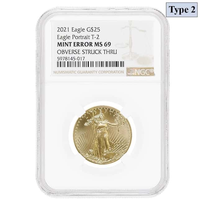 2021 1/2 oz Gold American Eagle Type 2 NGC MS 69 Mint Error (Obv Struck Thru)