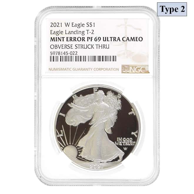 2021-W 1 oz Proof Silver American Eagle Type 2 NGC PF 69 Mint Error (Obv Struck Thru)