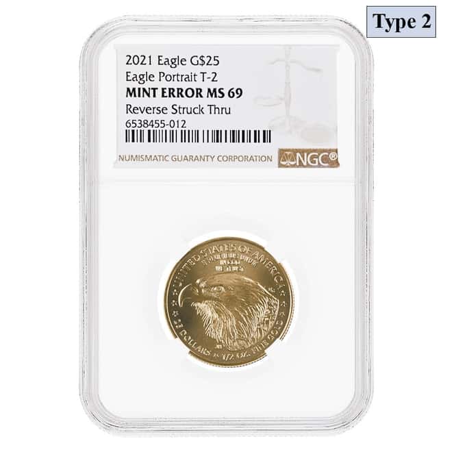 2021 1/2 oz Gold American Eagle Type 2 NGC MS 69 Mint Error (Rev Struck Thru)