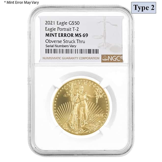 2021 1 oz Gold American Eagle Type 2 NGC MS 69 Mint Error (Obv Struck Thru)