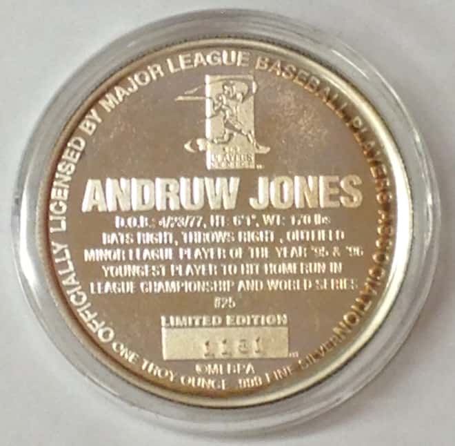 Andruw Jones 1 oz .999 Fine Silver Limited Edition Commemorative Medallion COA Back  Reset  Delete  Duplicate  Save  Save and Continue Edit