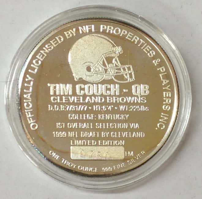 Tim Couch Highland Mint 1 oz .999 Fine Silver Limited Edition Commemorative Medallion w/ COA 