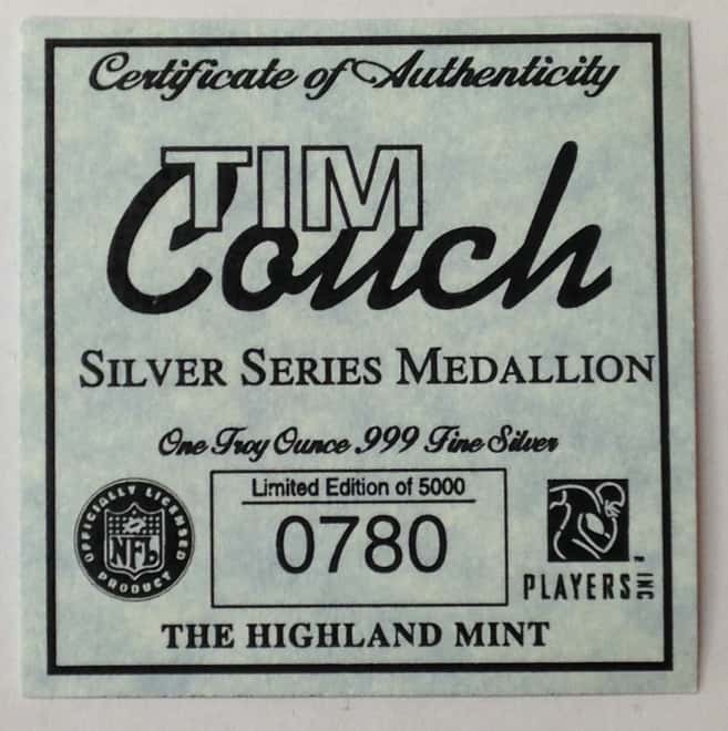 Tim Couch Highland Mint 1 oz .999 Fine Silver Limited Edition Commemorative Medallion w/ COA 