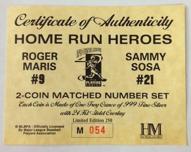 Roger Maris&Sammy Sosa Highland Mint Fine Silver Ltd Edition Commemorative Medallion COA 