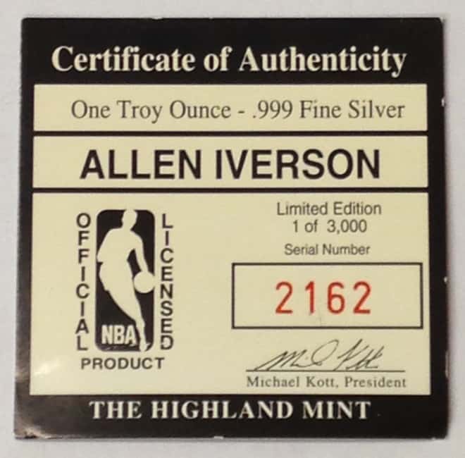 Allen Iverson Highland Mint 1 oz .999 Fine Silver Limited Edition Commemorative Medallion w/ COA