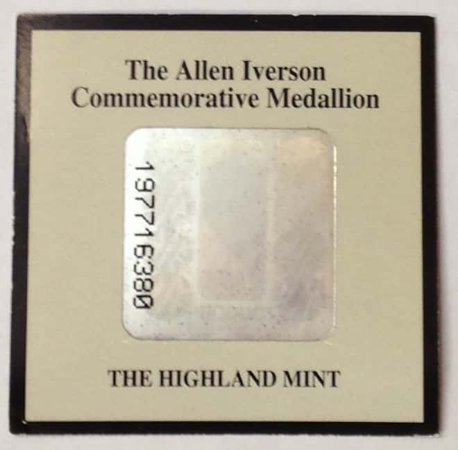 Allen Iverson Highland Mint 1 oz .999 Fine Silver Limited Edition Commemorative Medallion w/ COA