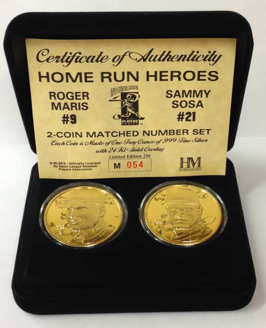 Roger Maris&Sammy Sosa Highland Mint Fine Silver Ltd Edition Commemorative Medallion COA 
