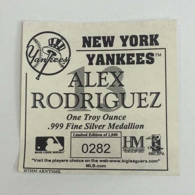 Alex Rodriguez NY Yankees 1 oz .999 Fine Silver Limited Edition Commemorative Medallion W/ Box & COA