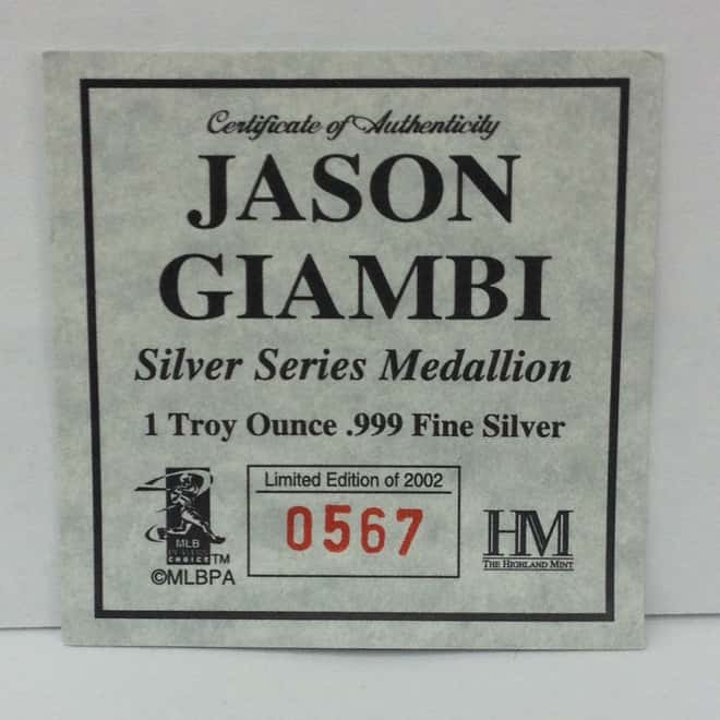 Jason Giambi 1 oz .999 Fine Silver Limited Edition Commemorative Medallion W/ Box & COA