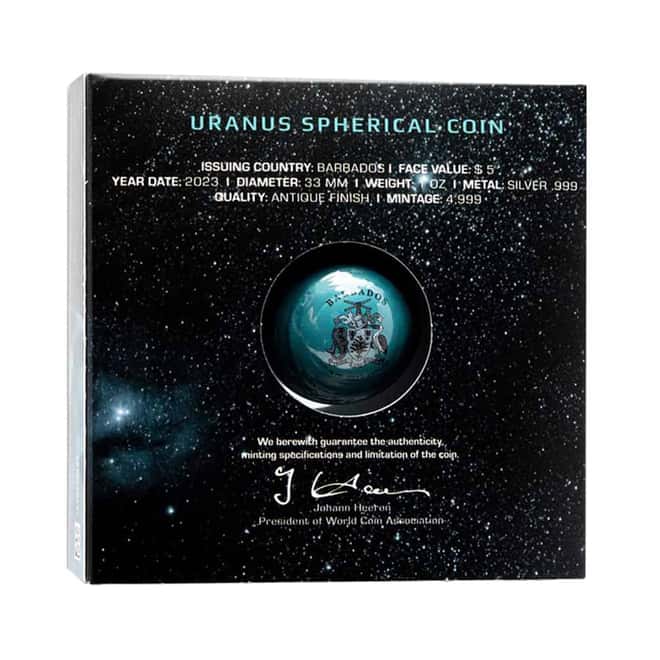 2023 1 oz Silver Uranus The Ice Giant Spherical Coin Barbados .999 Fine (w/Box & COA)