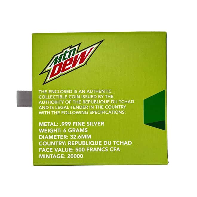 2023 Chad 6 gram Mountain Dew Bottle Cap Proof Silver Coin .999 Fine (w/Box)