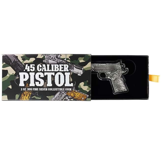 2024 Chad 2 oz Silver .45 Caliber Pistol Handgun Antiqued Shaped Coin .999 Fine