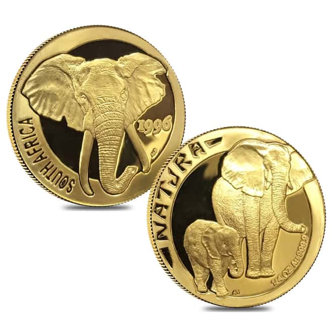 1996 1/4 oz Gold South Africa Natura Elephant and 2002 Silver Elephant Proof 5-coin Set (w/Box & COA)