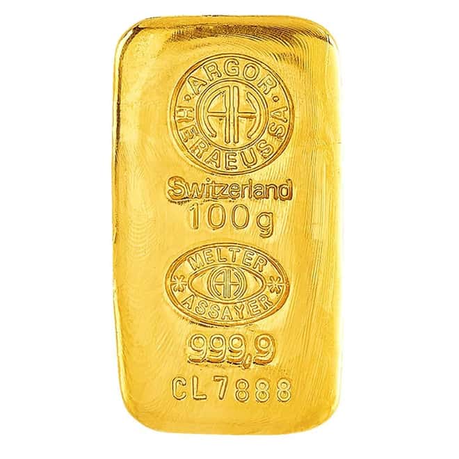 100 Gram Argor Heraeus Cast Gold Bar .9999 Fine (in Assay)