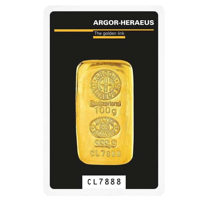 100 Gram Argor Heraeus Cast Gold Bar .9999 Fine (in Assay)
