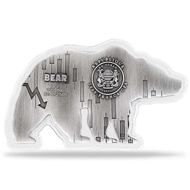 2021 Chad 1 oz Silver Bear Shaped Antiqued High Relief Coin (w/Box)
