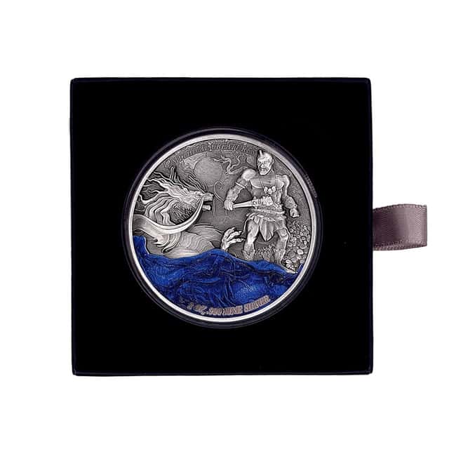 2023 Chad 2 oz Silver Dragon and Cyclops - Mythical Creatures Coin Serial #6 Antiqued High Relief (w/Box)