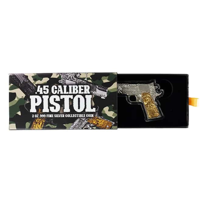 2024 Chad 2 oz Silver .45 Caliber Pistol Handgun Gilded Shaped Coin .999 Fine