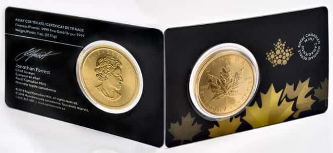 2015 1 oz Canadian Gold Maple Leaf $50 .9999 Fine Gold (In Assay Card)