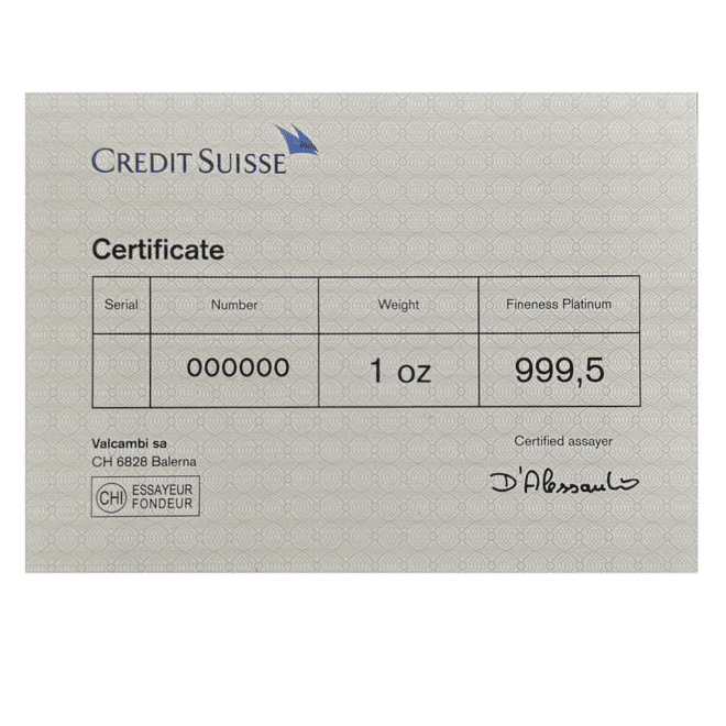 1 oz Credit Suisse Platinum Bar .9995 Fine (w/Assay)