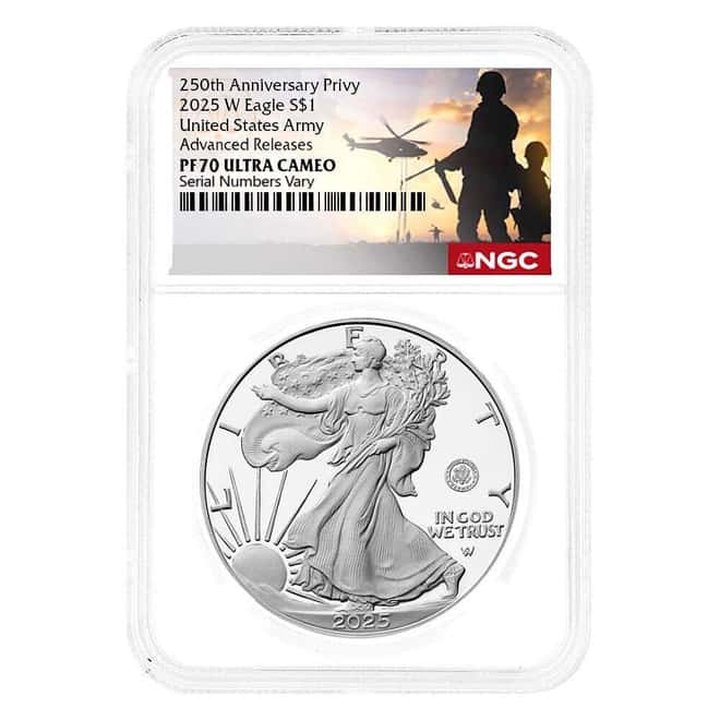 2025-W US Army Privy 1 oz Proof Silver American Eagle NGC PF 70 AR (Military)