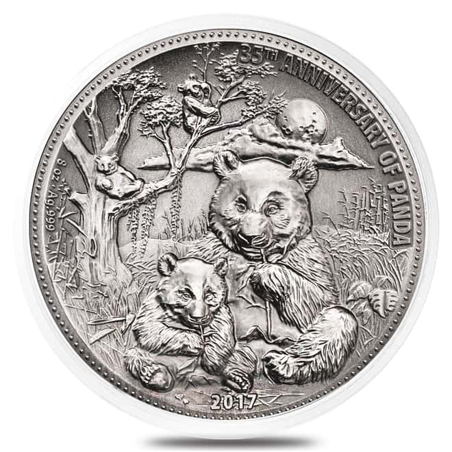 2017 8 oz Silver Panda Fiji $5 Coin .999 Fine Antiqued High Relief (In Cap,w/Box&COA)