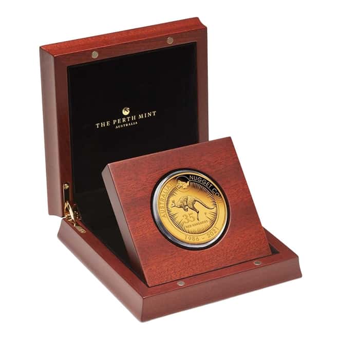 2021 5 oz Proof Gold Australian Kangaroo Nugget 35th Ann Perth Mint Coin .9999 Fine (w/Box & COA)