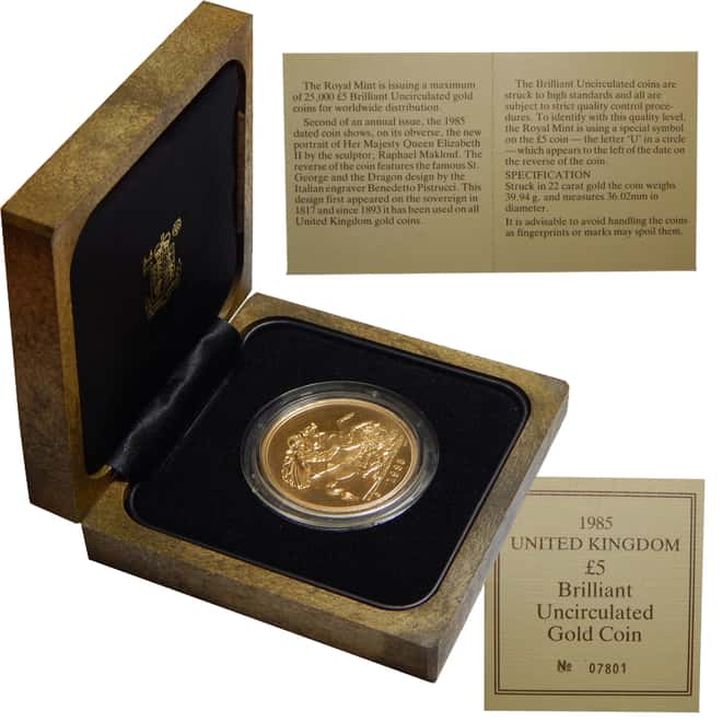 1985 Great Britain Queen Elizabeth II 5 Pound Gold Coin w/Box & COA