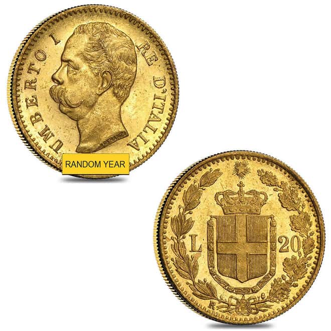 Italy Gold 20 Lire Umberto I Avg Circ (Random Year, 1879-1897)