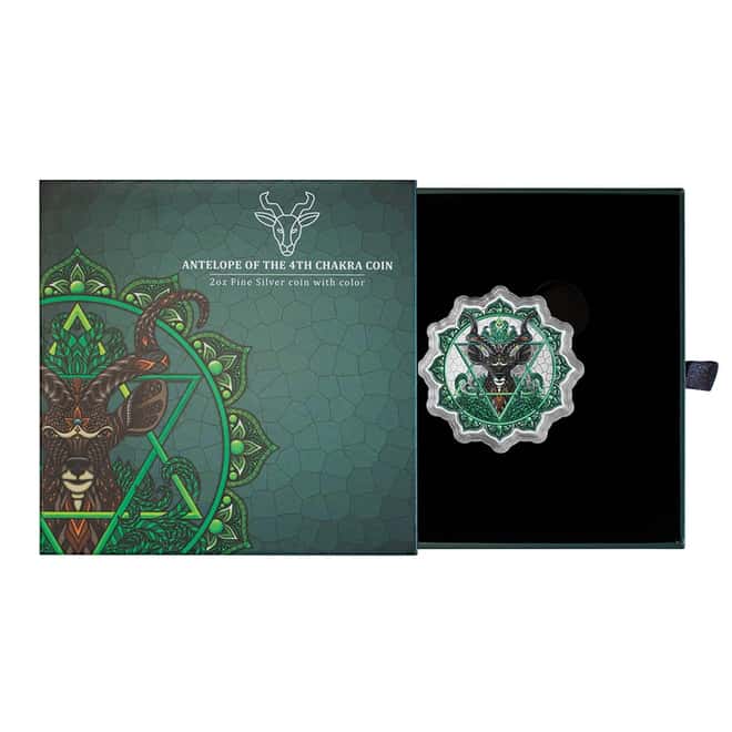 2022 Solomon Islands 2 oz Antelope of the 4th Chakra Colorized Silver Coin .9999 Fine (w/Box & COA)